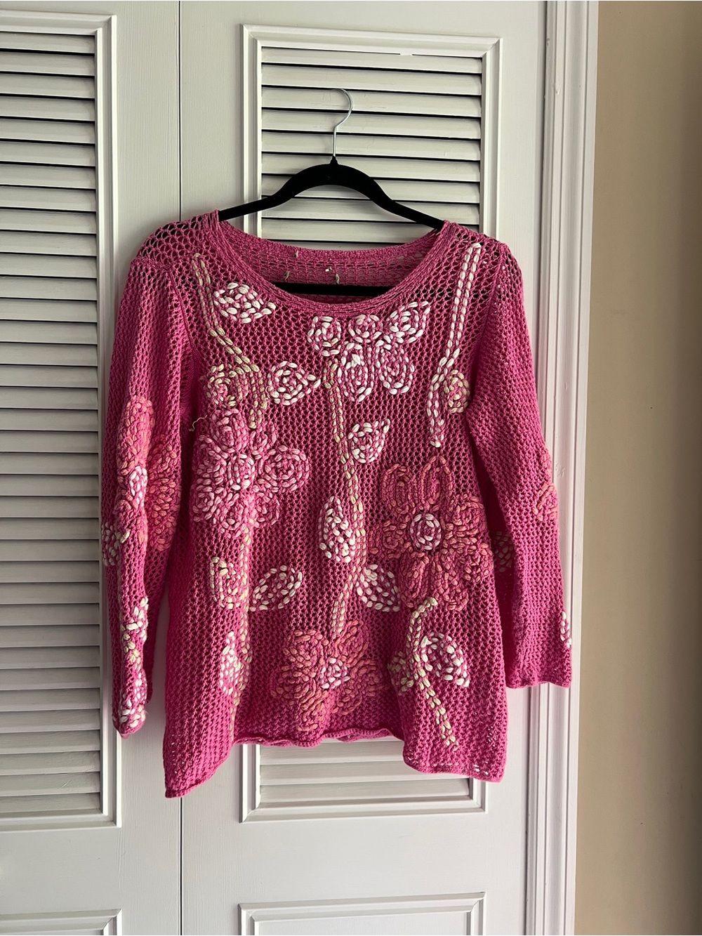 Vintage Sigrid Olsen 2002 Pink Crochet Floral Sweater Top